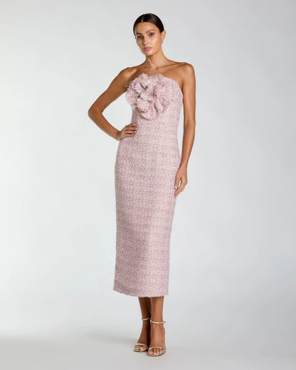 Mac Duggal Pink Strapless Bouclé Midi Dress With 3D Flower