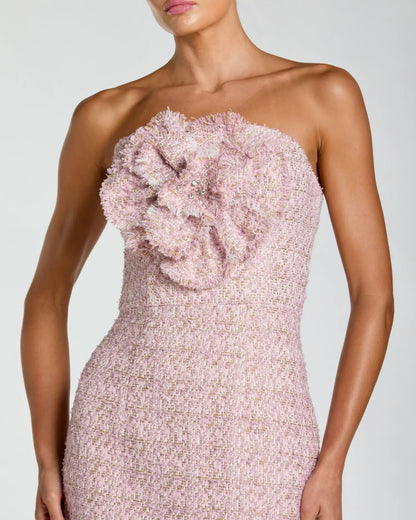 Mac Duggal Pink Strapless Bouclé Midi Dress With 3D Flower