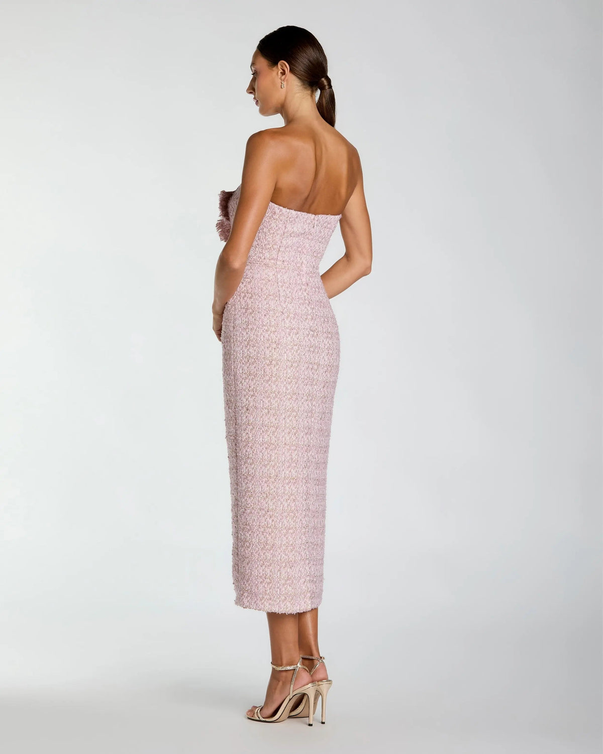 Mac Duggal Pink Strapless Bouclé Midi Dress With 3D Flower