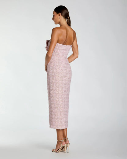 Mac Duggal Pink Strapless Bouclé Midi Dress With 3D Flower