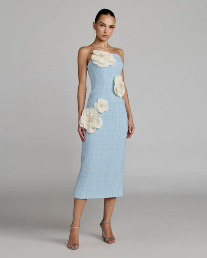 Mac Duggal Light Blue 3D Floral Applique Strapless Midi Dress