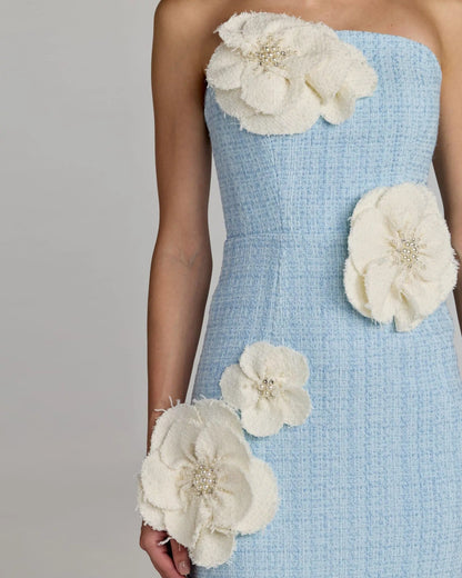 Mac Duggal Light Blue 3D Floral Applique Strapless Midi Dress