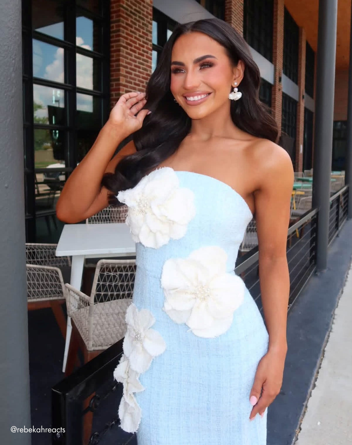 Mac Duggal Light Blue 3D Floral Applique Strapless Midi Dress