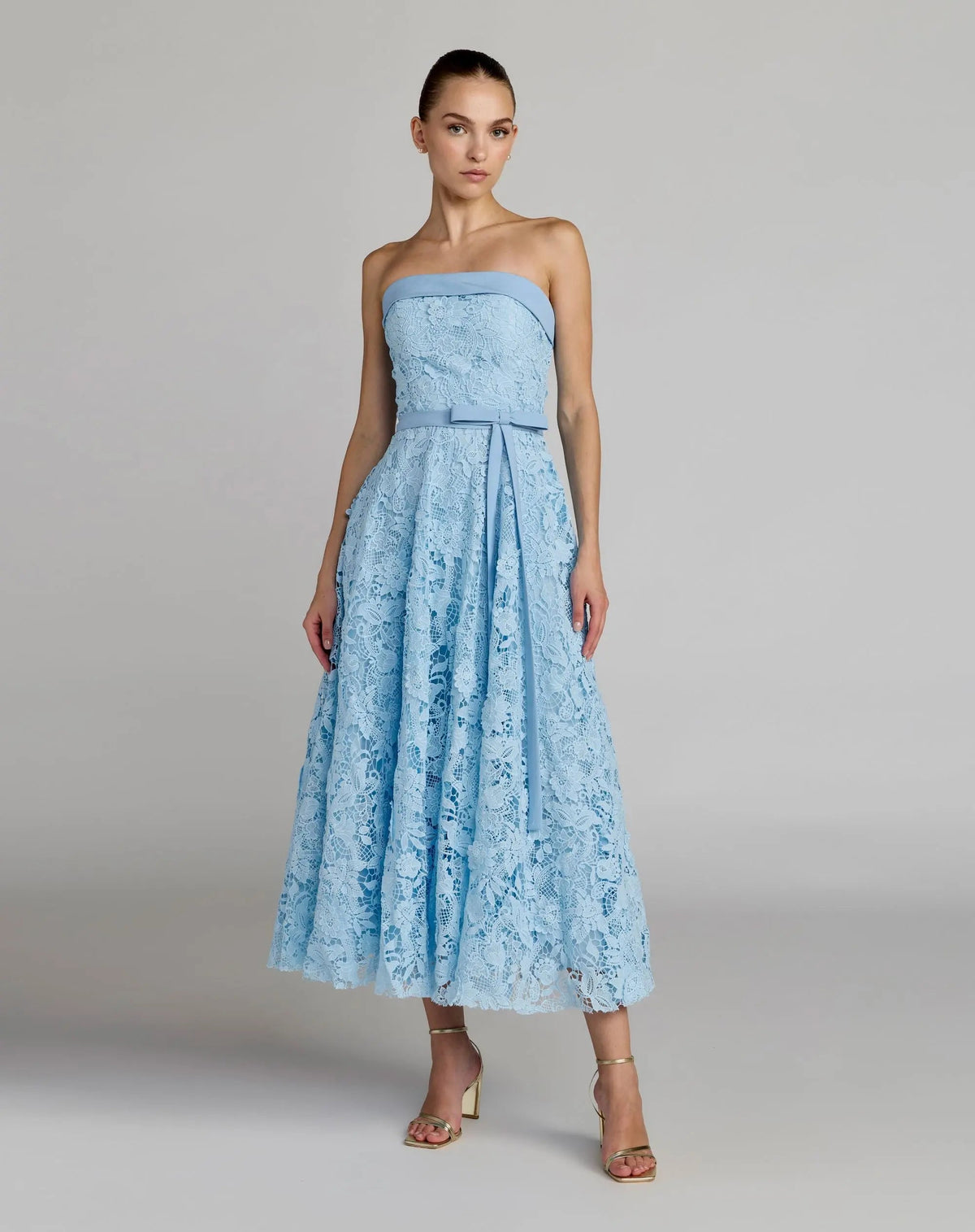 Mac Duggal Blue Embroidered Lace Strapless Midi Dress With Bow Detail
