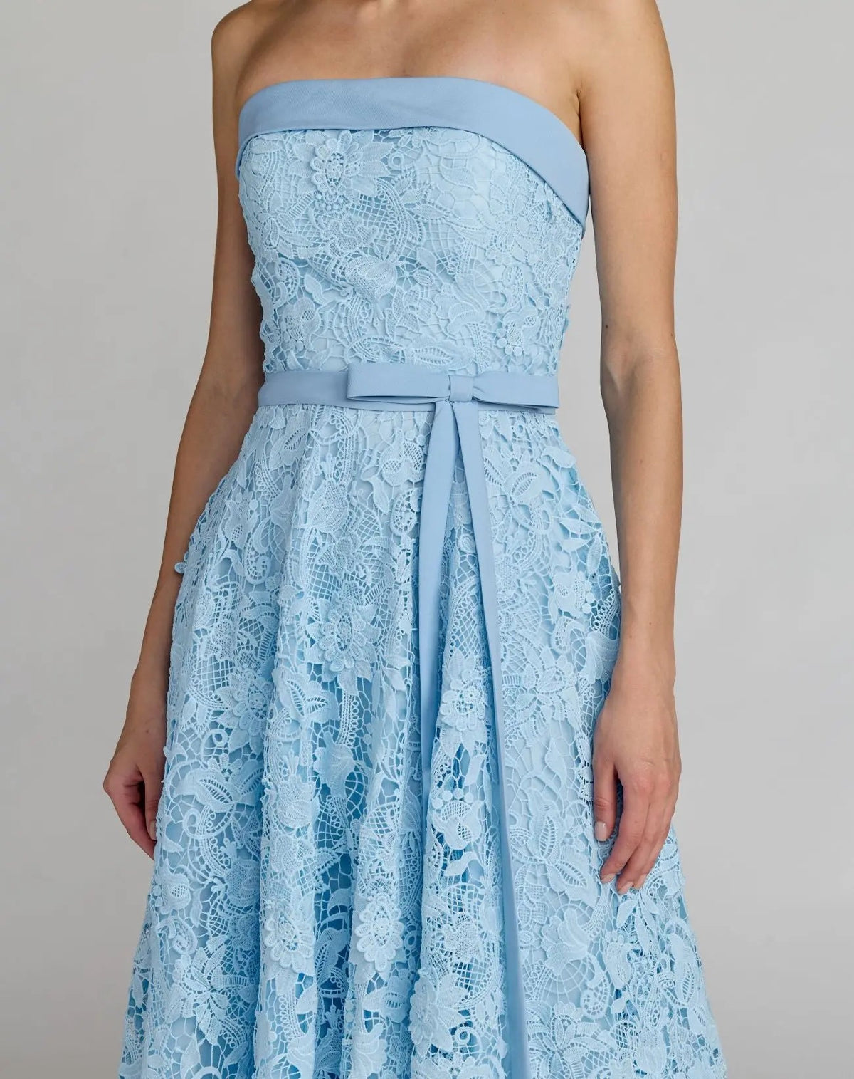 Mac Duggal Blue Embroidered Lace Strapless Midi Dress With Bow Detail