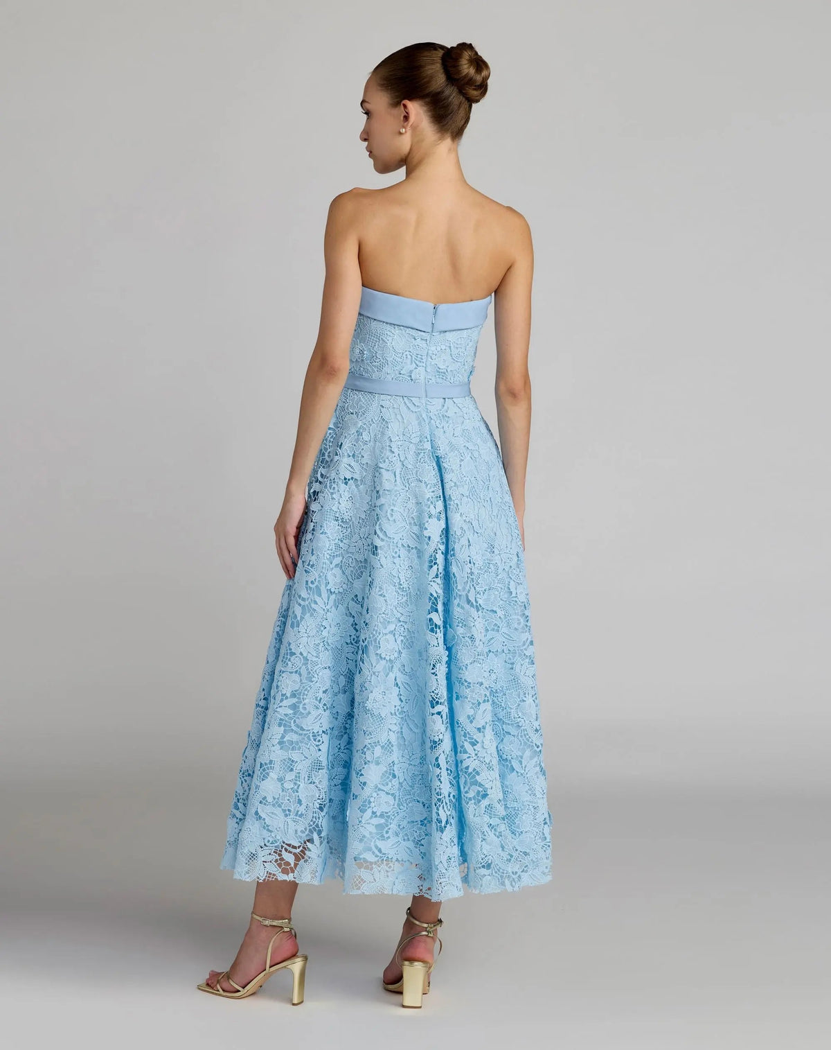 Mac Duggal Blue Embroidered Lace Strapless Midi Dress With Bow Detail
