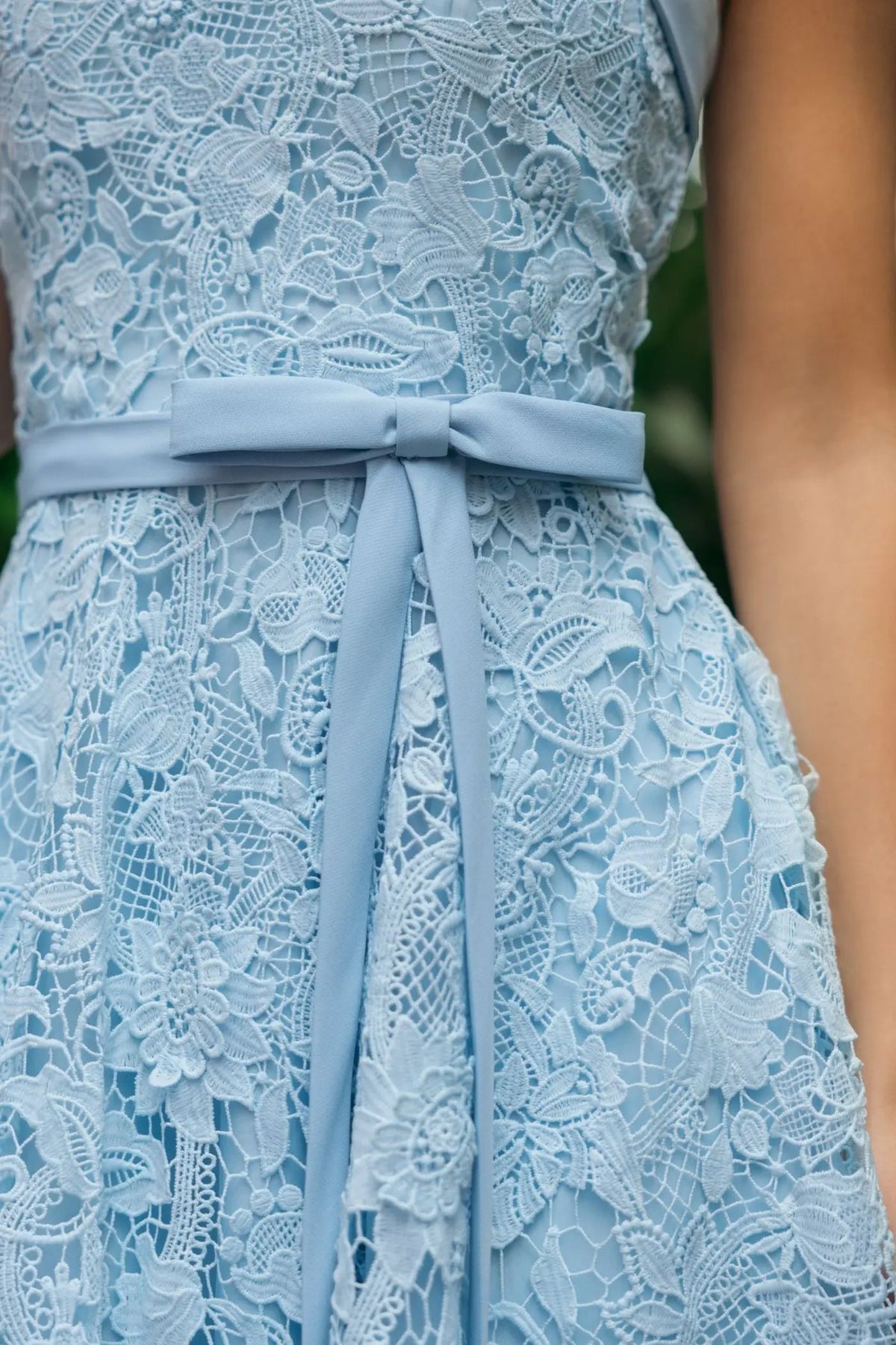 Mac Duggal Blue Embroidered Lace Strapless Midi Dress With Bow Detail