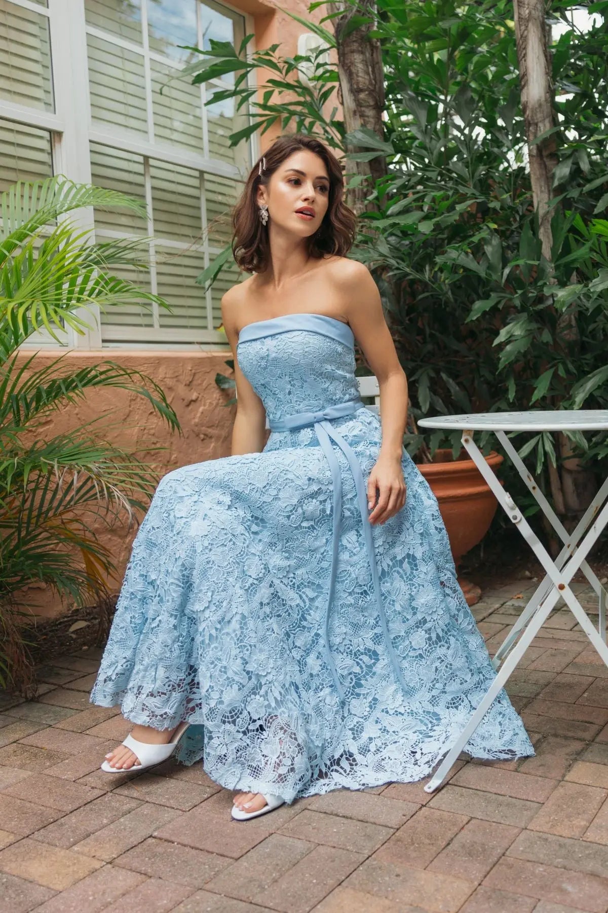 Mac Duggal Blue Embroidered Lace Strapless Midi Dress With Bow Detail