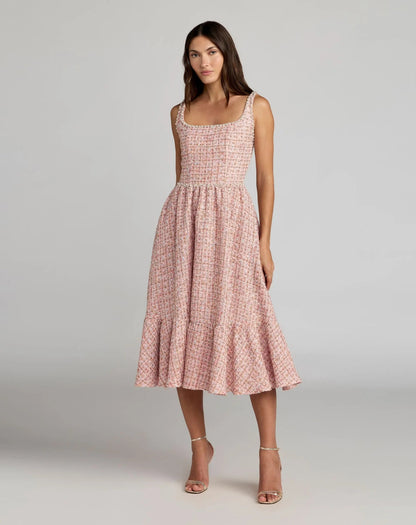 Mac Duggal Pink Pearl Embellished Sleeveless Boucle Midi Dress