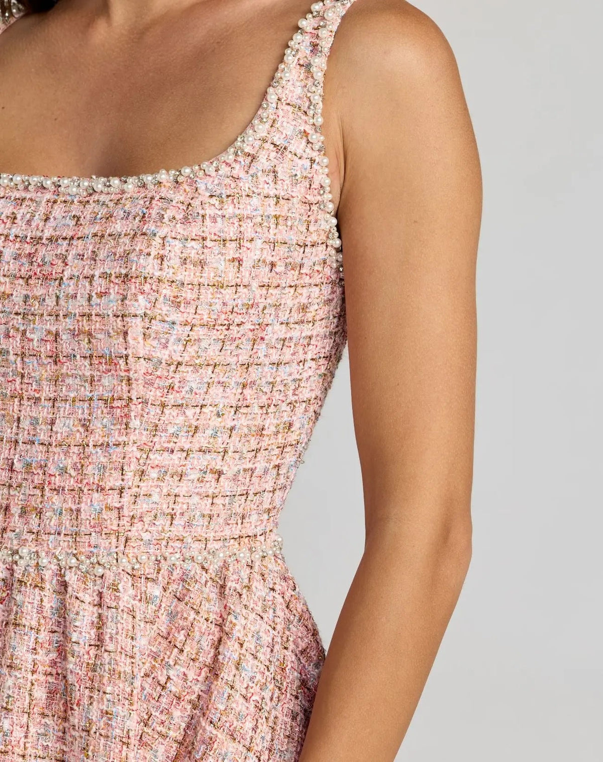Mac Duggal Pink Pearl Embellished Sleeveless Boucle Midi Dress