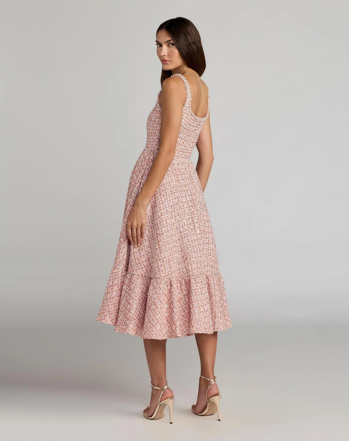 Mac Duggal Pink Pearl Embellished Sleeveless Boucle Midi Dress