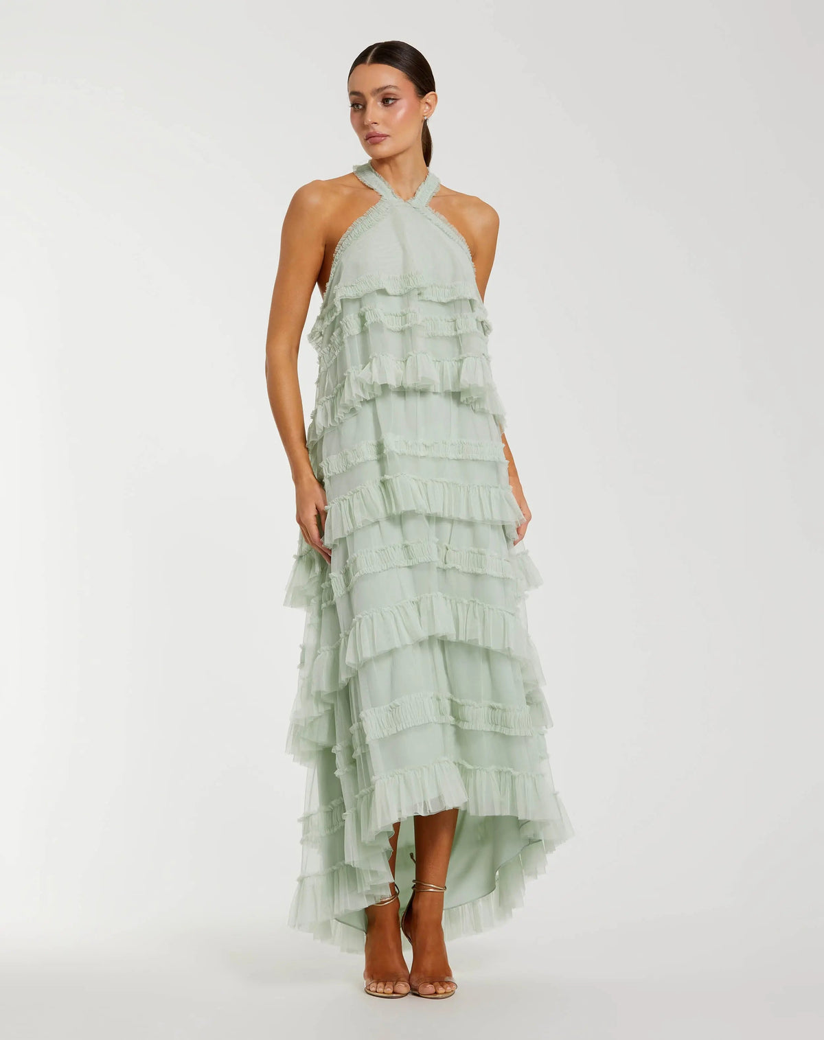 Mac Duggal Green Tiered Ruffle Halter Neck Midi Dress