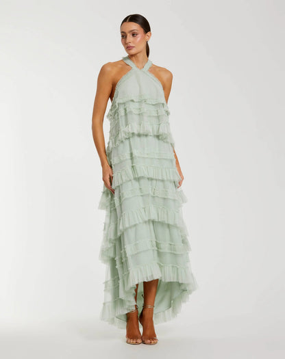 Mac Duggal Green Tiered Ruffle Halter Neck Midi Dress