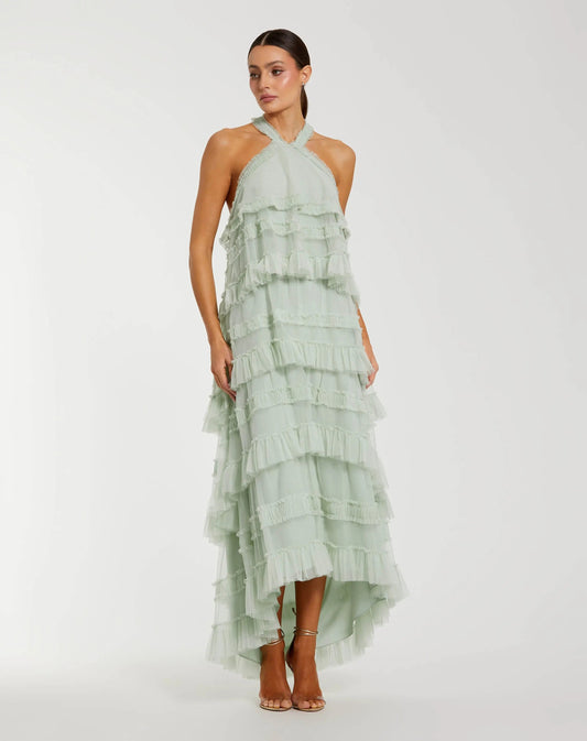 Mac Duggal Green Tiered Ruffle Halter Neck Midi Dress