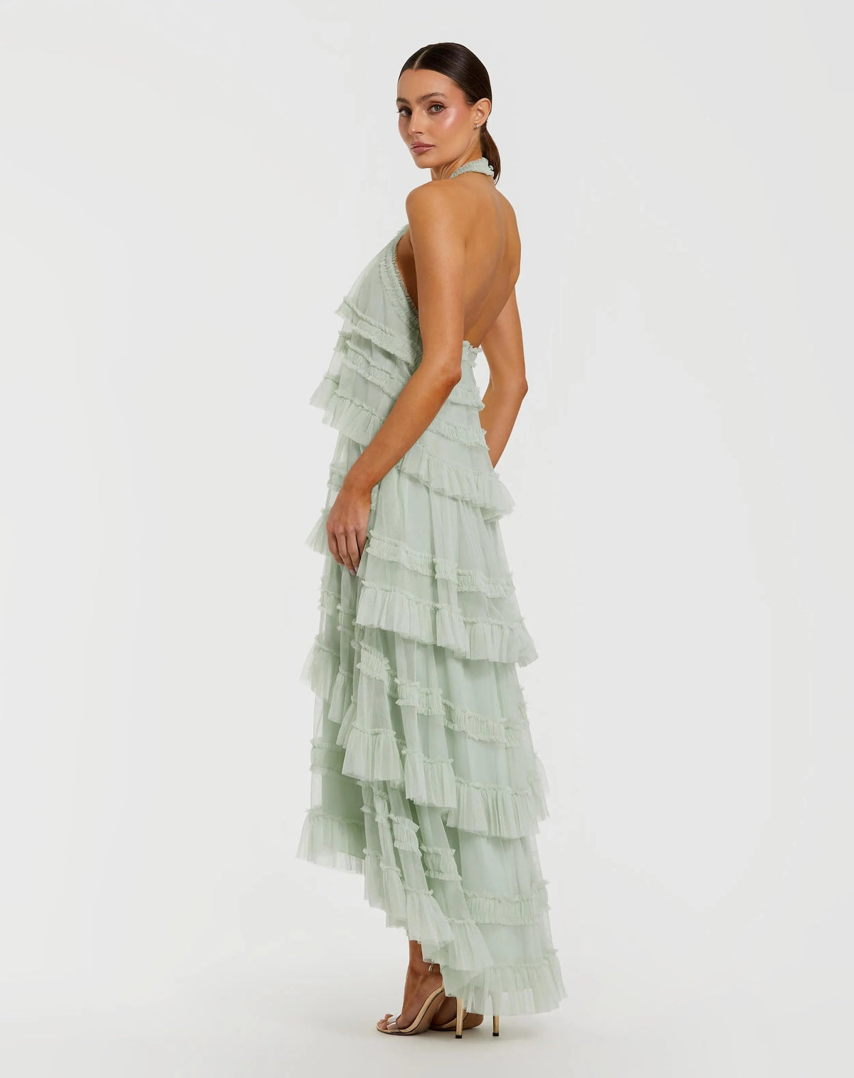 Mac Duggal Green Tiered Ruffle Halter Neck Midi Dress