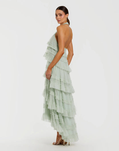 Mac Duggal Green Tiered Ruffle Halter Neck Midi Dress