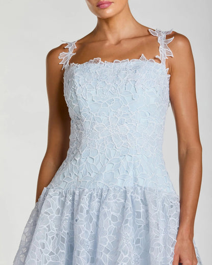Mac Duggal Blue Sleeveless Embroidered Lace Tiered Midi Dress