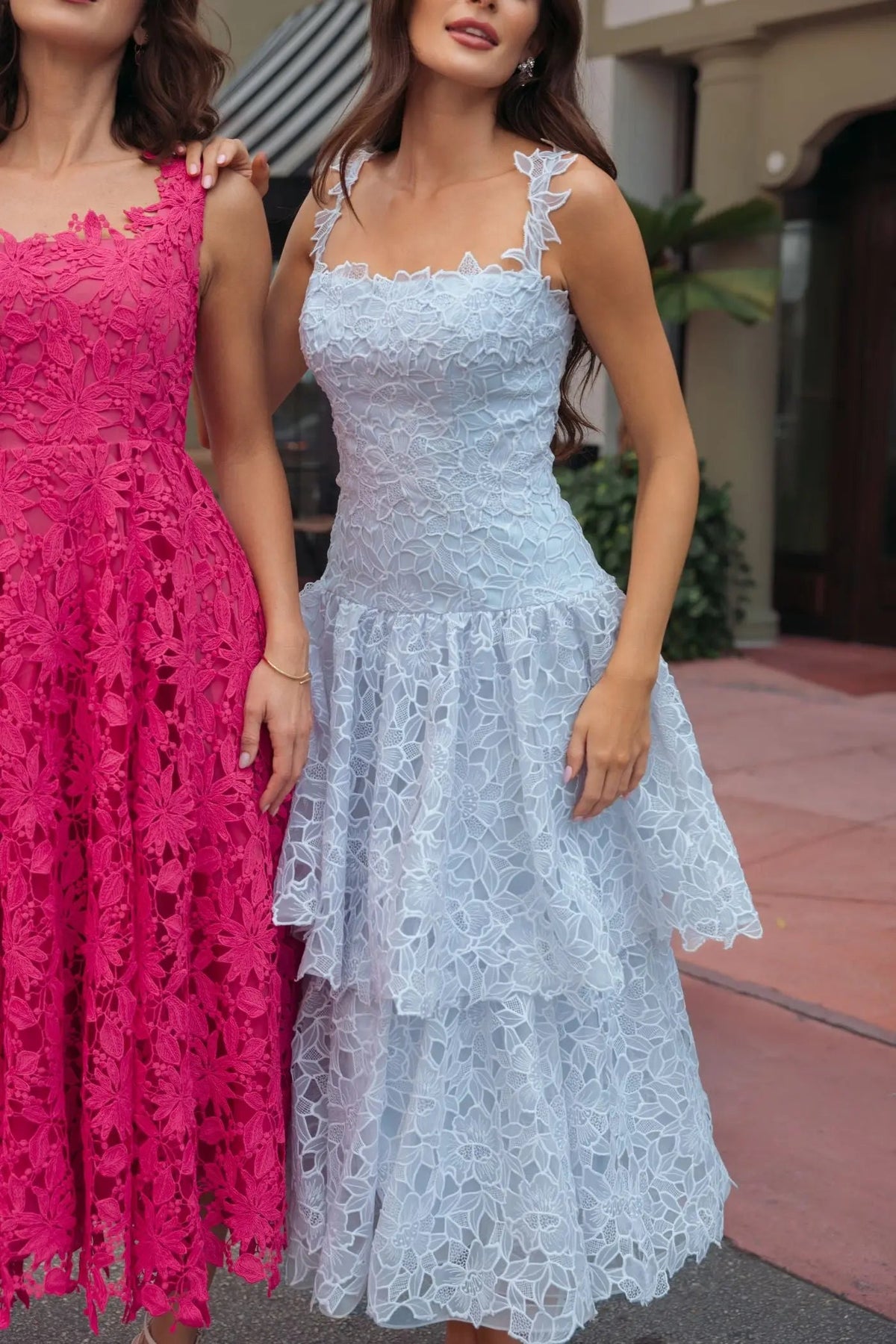 Mac Duggal Blue Sleeveless Embroidered Lace Tiered Midi Dress