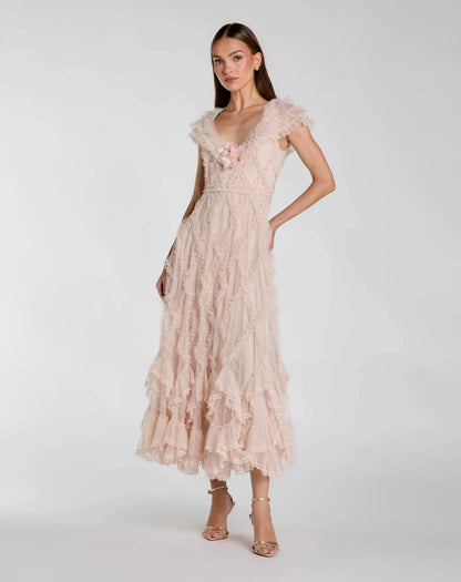 Mac Duggal Petite Pink Micro Ruffle Cap Sleeve A-Line Midi Dress