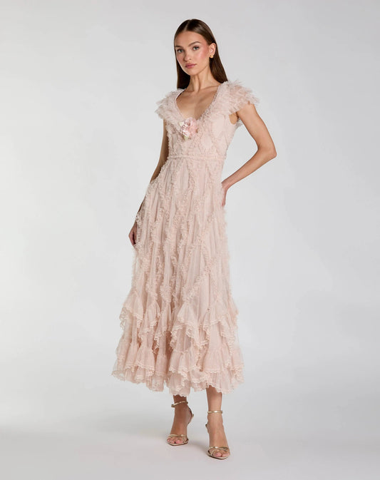 Mac Duggal Petite Pink Micro Ruffle Cap Sleeve A-Line Midi Dress