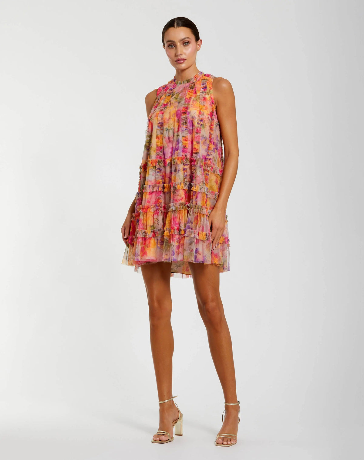 Mac Duggal Multicolor Printed Sleeveless High Neck Ruffle Mini Dress