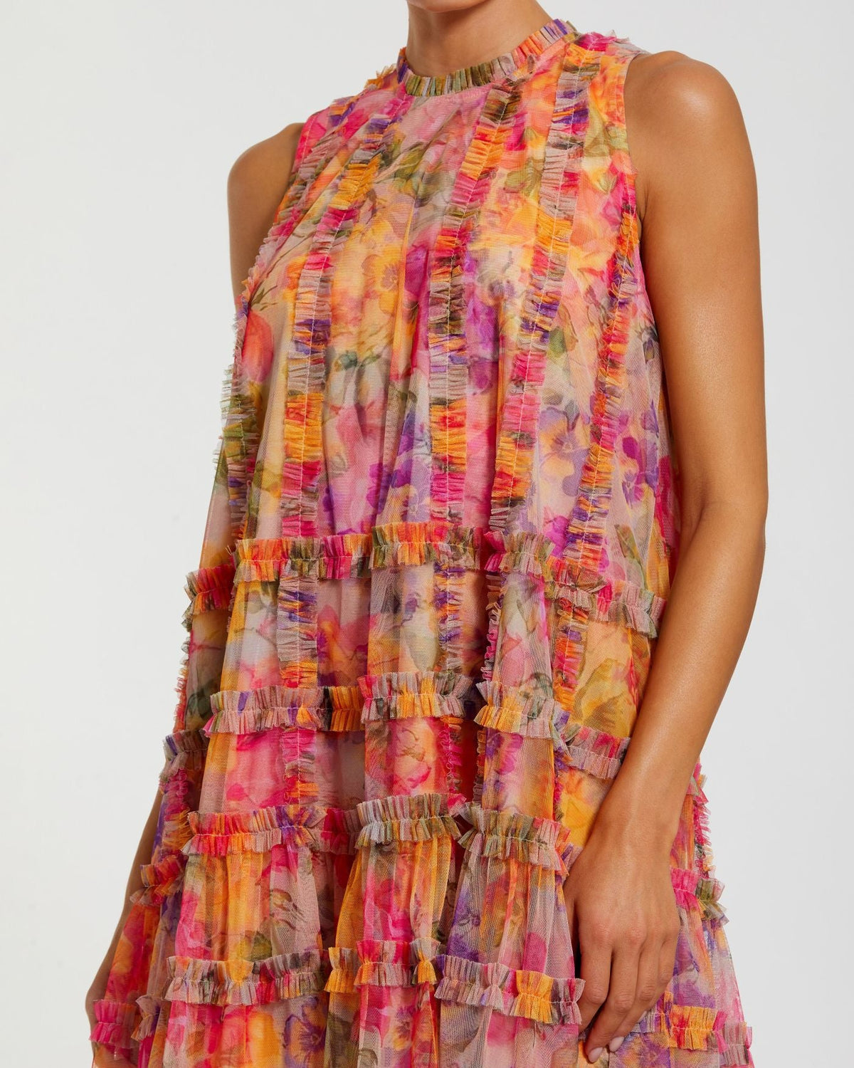 Mac Duggal Multicolor Printed Sleeveless High Neck Ruffle Mini Dress