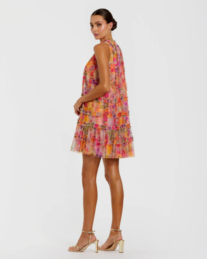 Mac Duggal Multicolor Printed Sleeveless High Neck Ruffle Mini Dress