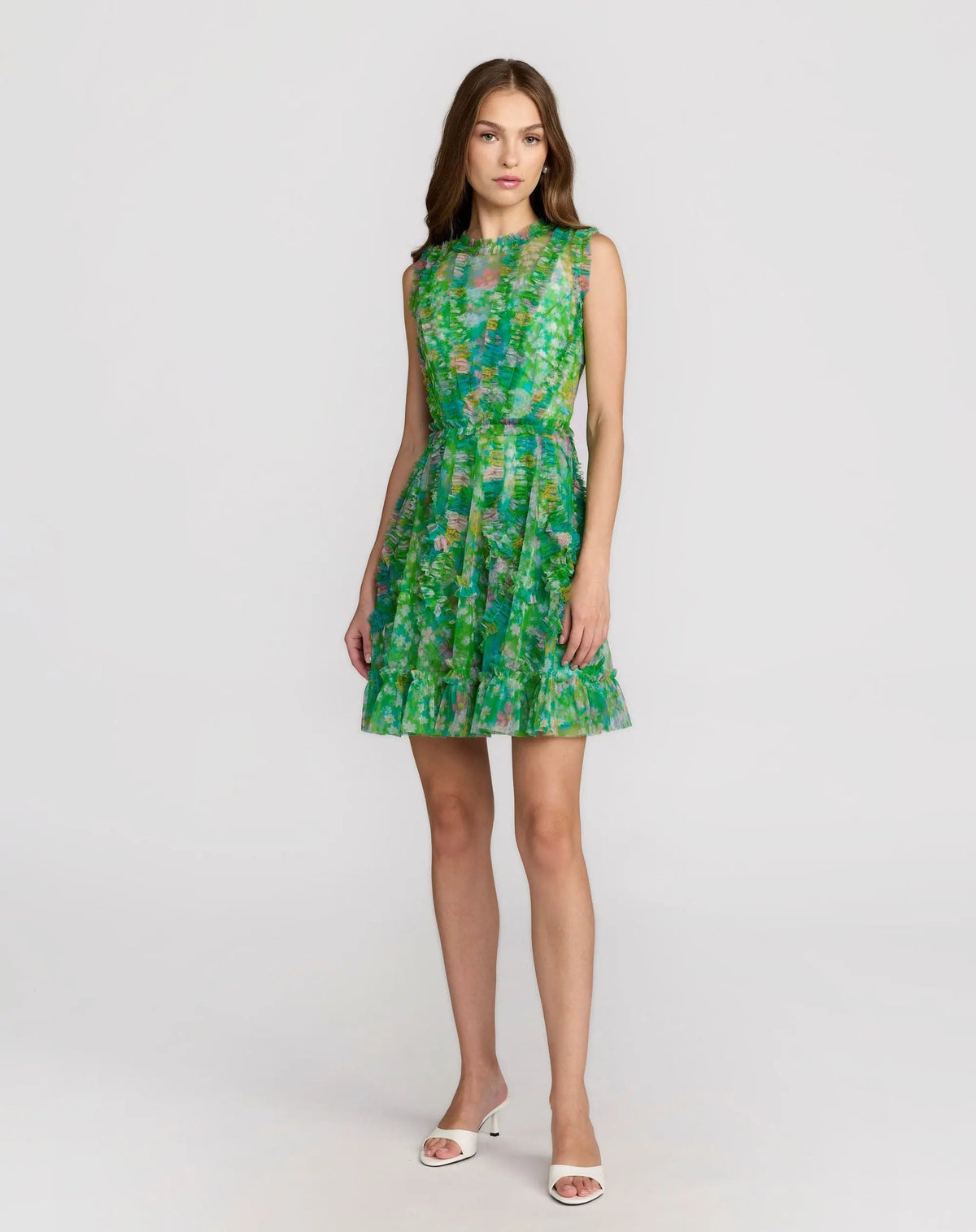 Mac Duggal Green Multicolor Micro Ruffle Floral A-Line Mini Dress