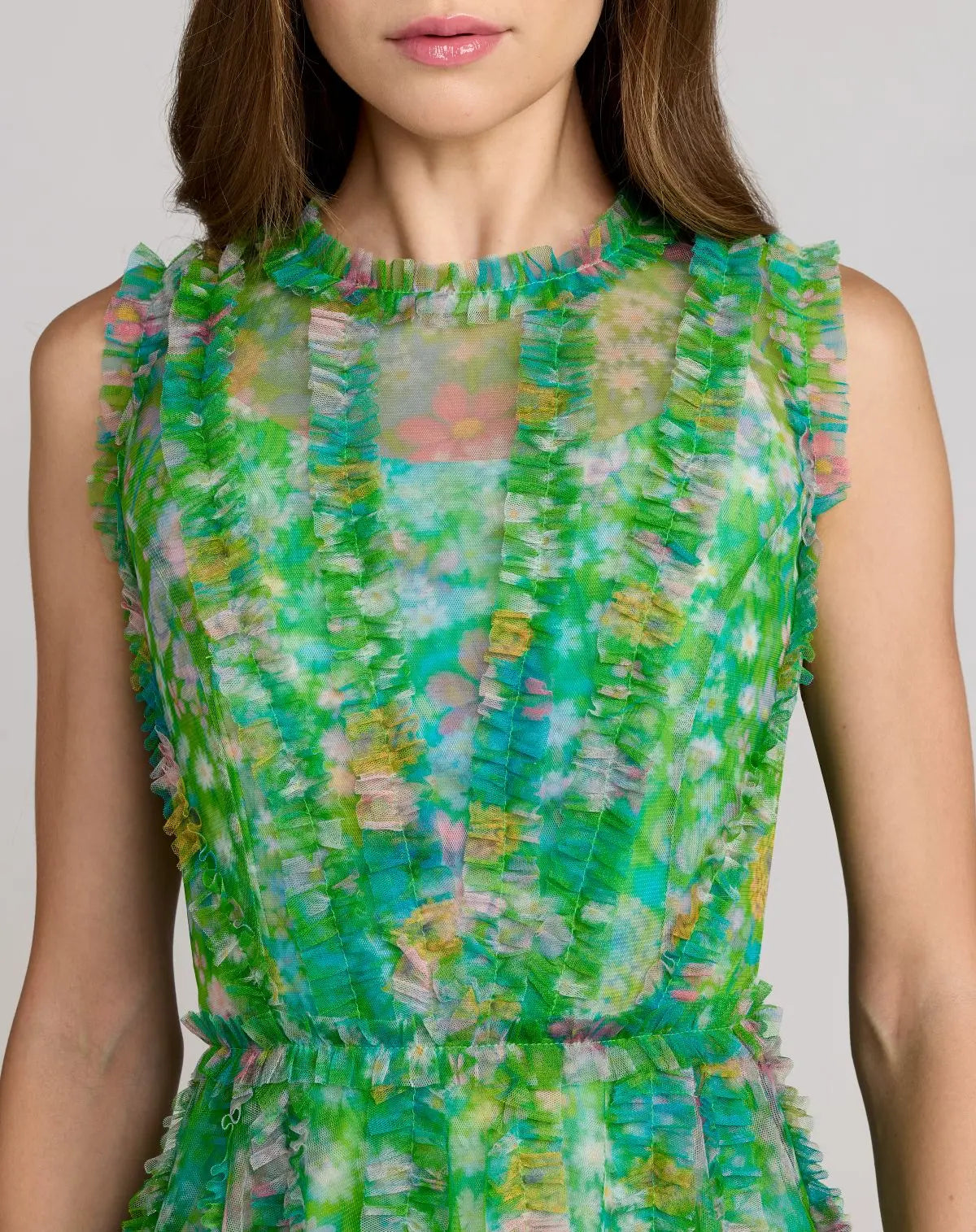 Mac Duggal Green Multicolor Micro Ruffle Floral A-Line Mini Dress