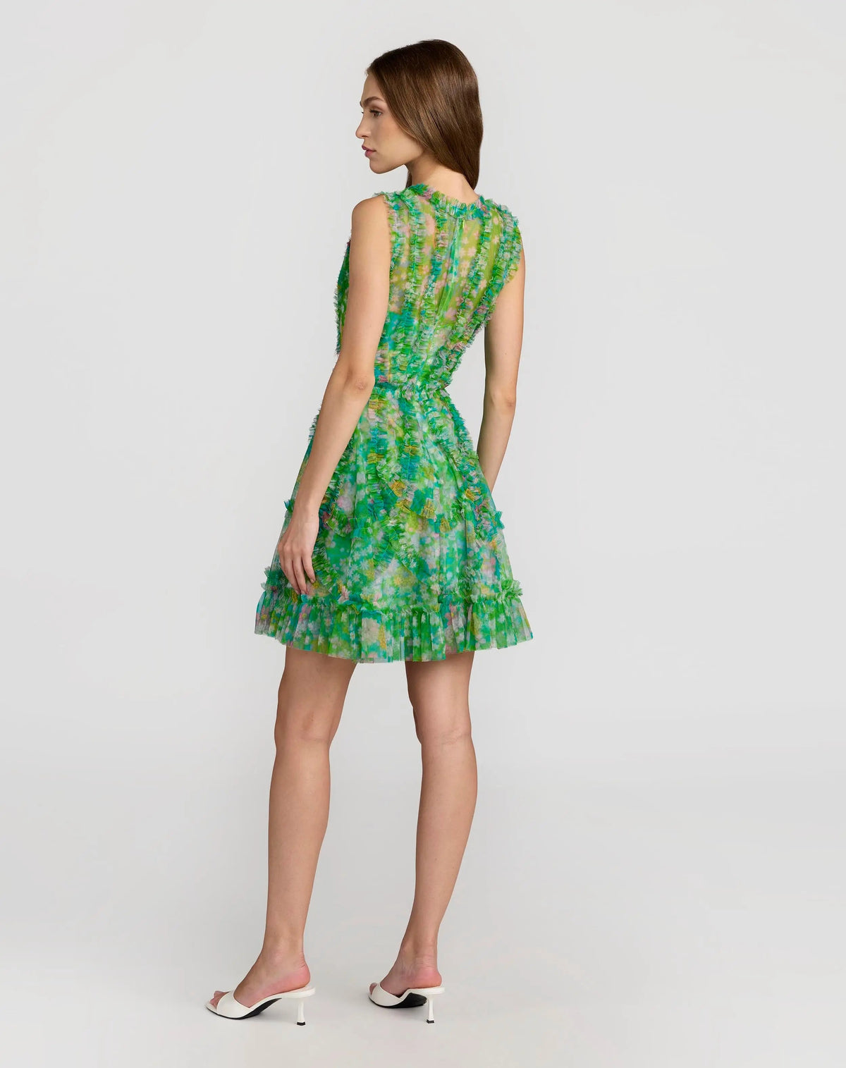 Mac Duggal Green Multicolor Micro Ruffle Floral A-Line Mini Dress