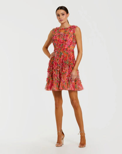 Mac Duggal Orange Multicolor Micro Ruffle Floral A-Line Mini Dress
