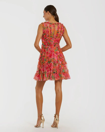 Mac Duggal Orange Multicolor Micro Ruffle Floral A-Line Mini Dress