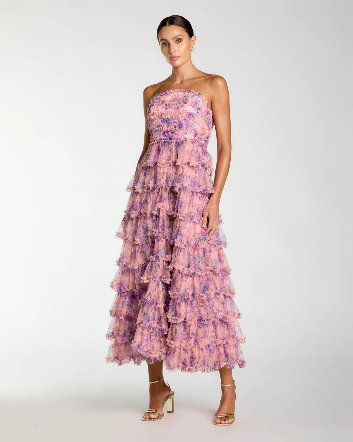 Mac Duggal Pink Floral Ruffle Tiered Strapless Midi Dress