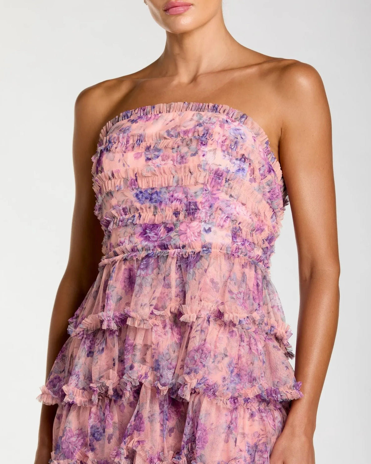 Mac Duggal Pink Floral Ruffle Tiered Strapless Midi Dress