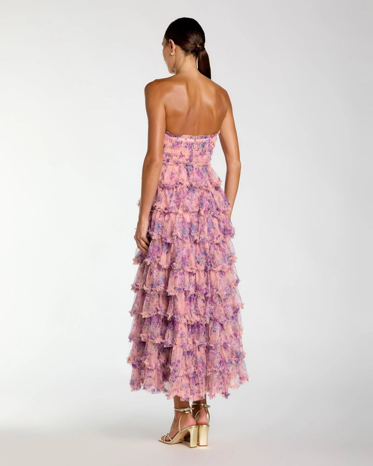 Mac Duggal Pink Floral Ruffle Tiered Strapless Midi Dress
