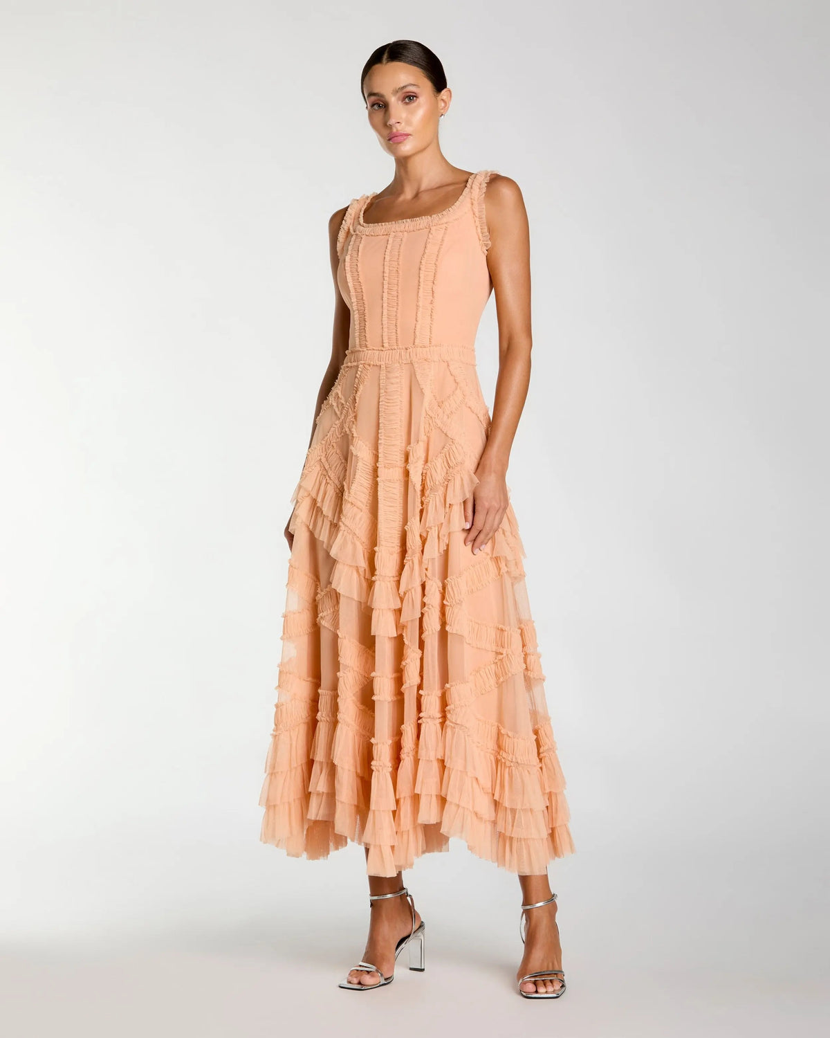 Mac Duggal Orange Scoop Neck Sleeveless Micro Ruffle Midi Dress