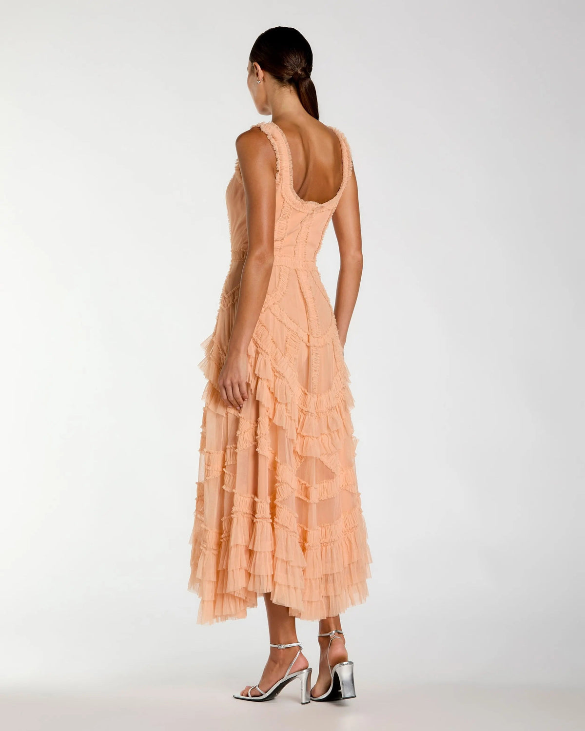 Mac Duggal Orange Scoop Neck Sleeveless Micro Ruffle Midi Dress