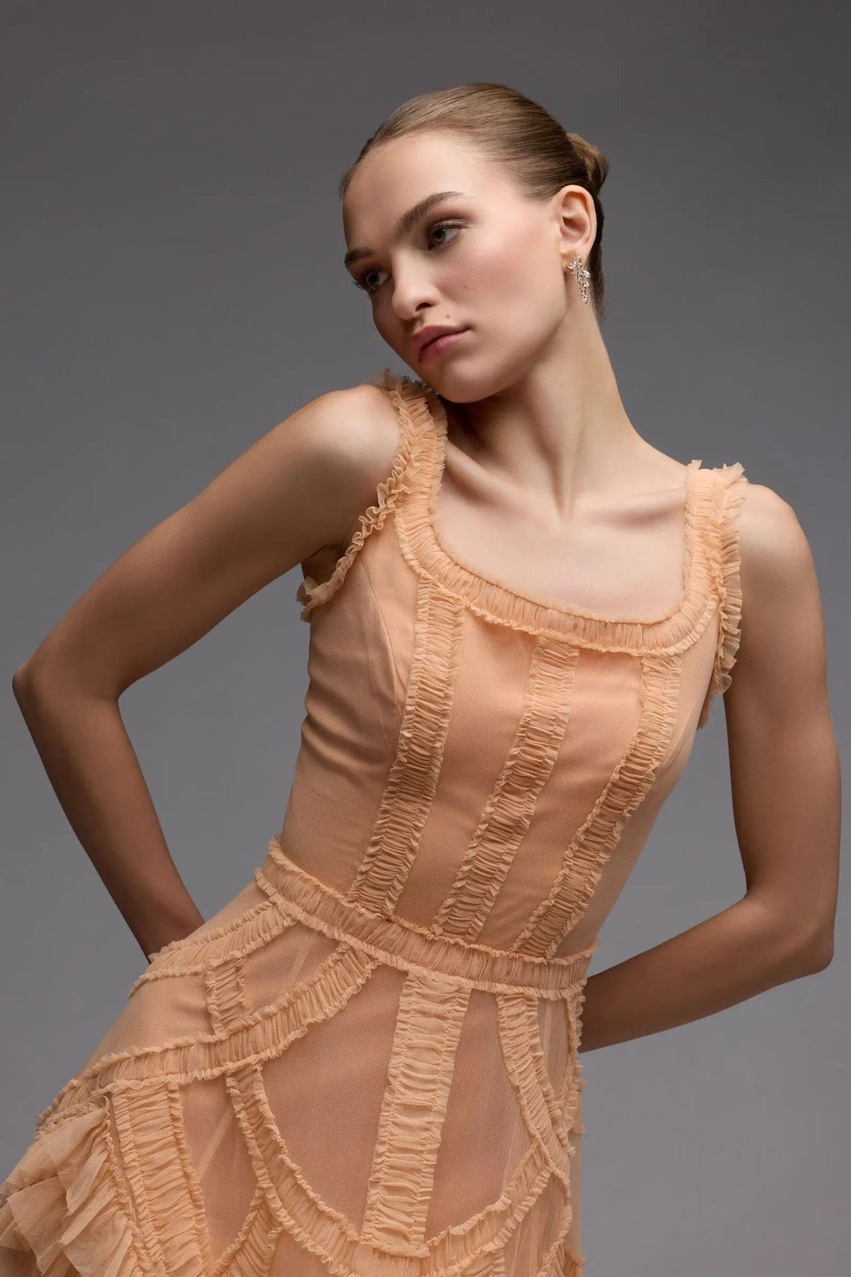 Mac Duggal Orange Scoop Neck Sleeveless Micro Ruffle Midi Dress