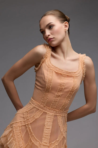 Mac Duggal Orange Scoop Neck Sleeveless Micro Ruffle Midi Dress