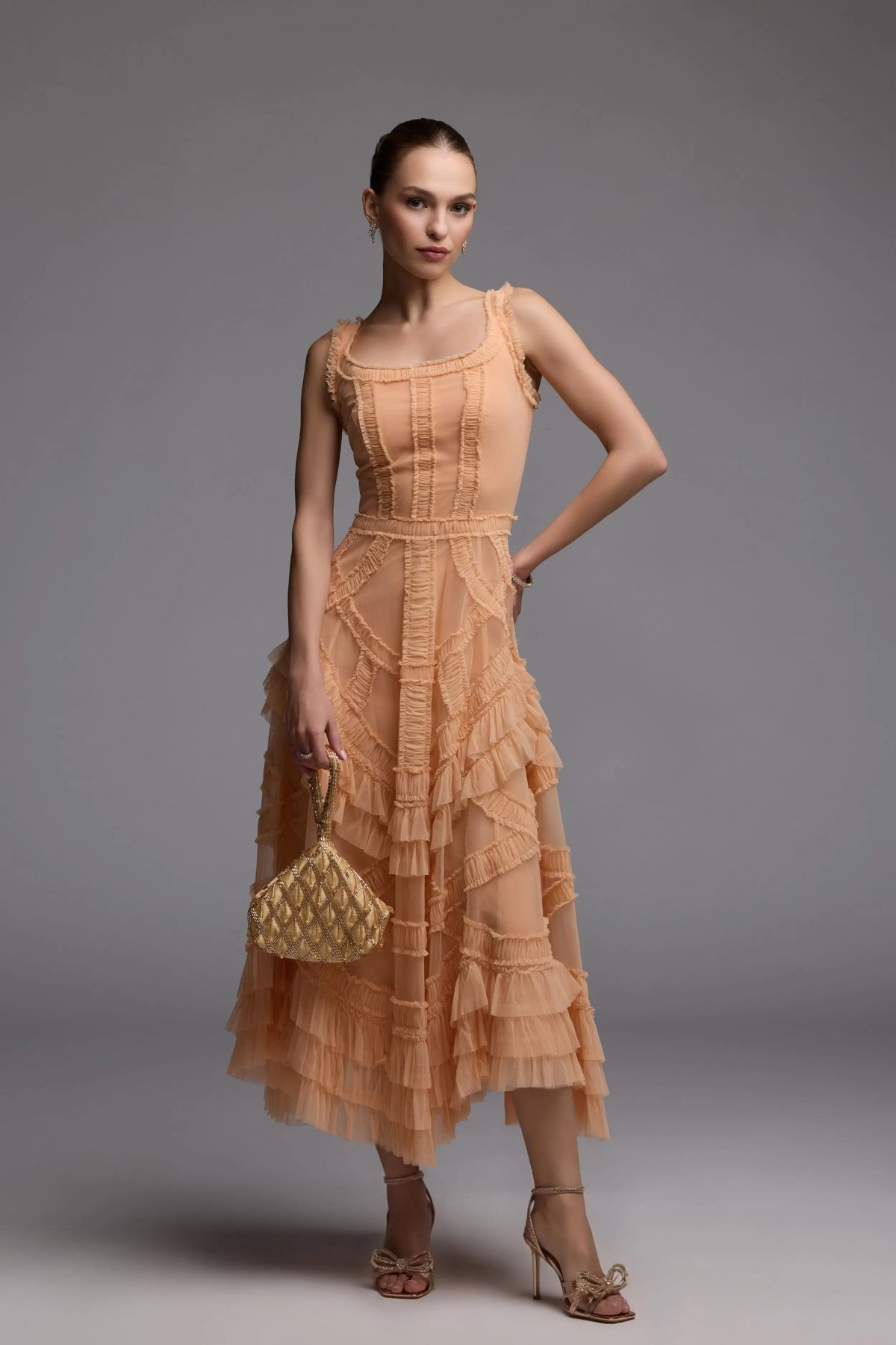 Mac Duggal Orange Scoop Neck Sleeveless Micro Ruffle Midi Dress