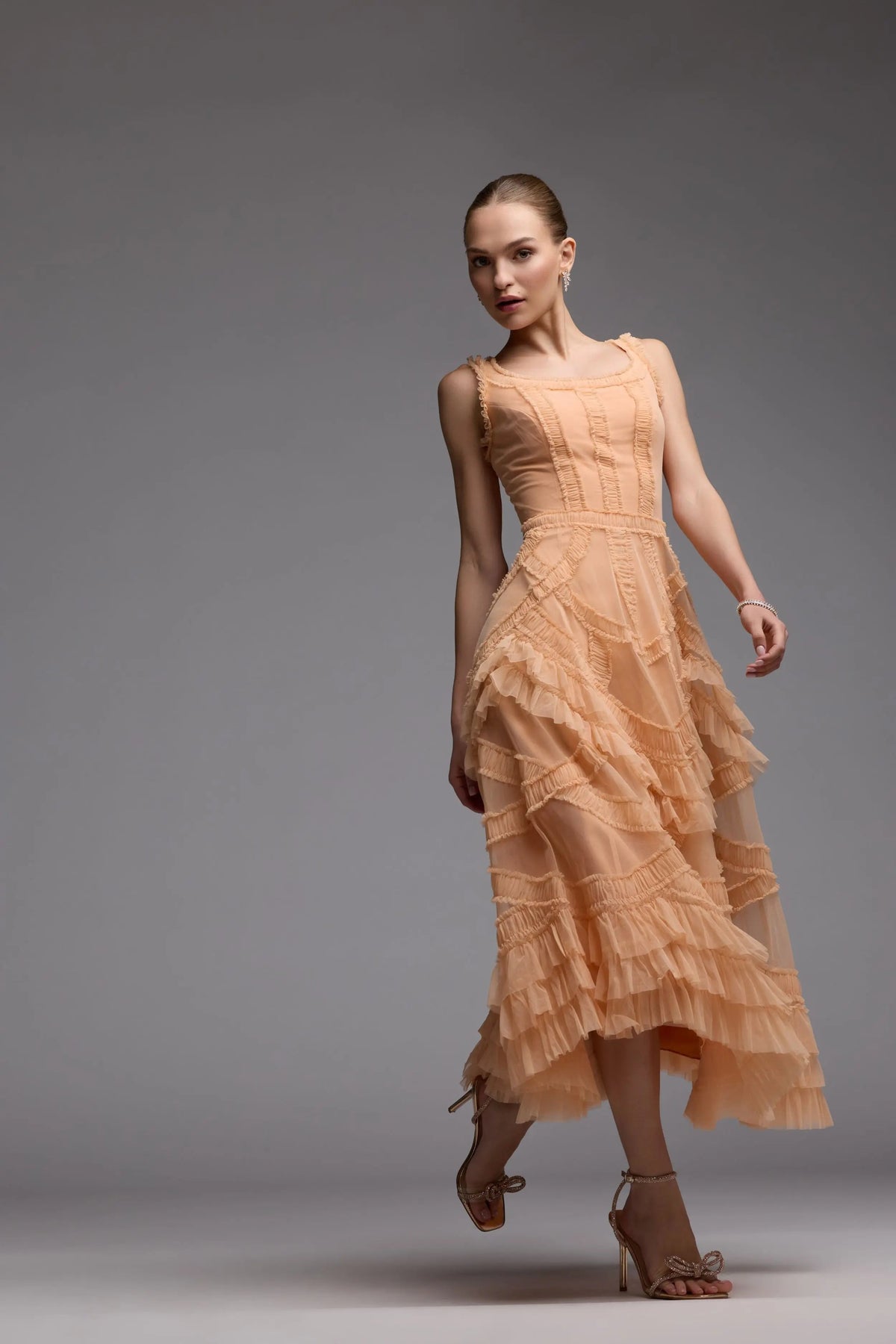 Mac Duggal Orange Scoop Neck Sleeveless Micro Ruffle Midi Dress