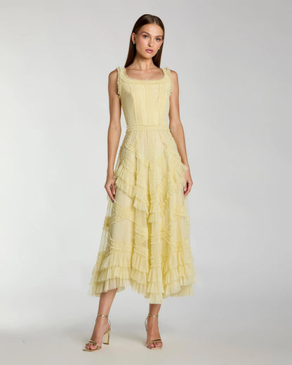 Mac Duggal Yellow Scoop Neck Sleeveless Micro Ruffle Midi Dress