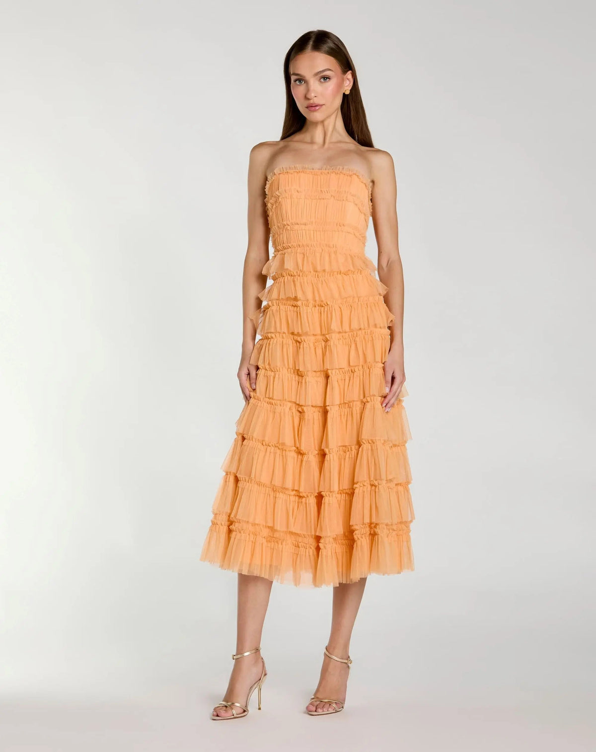 Mac Duggal Orange Micro Ruffle Strapless Midi Dress