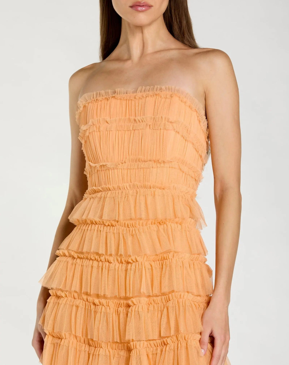 Mac Duggal Orange Micro Ruffle Strapless Midi Dress