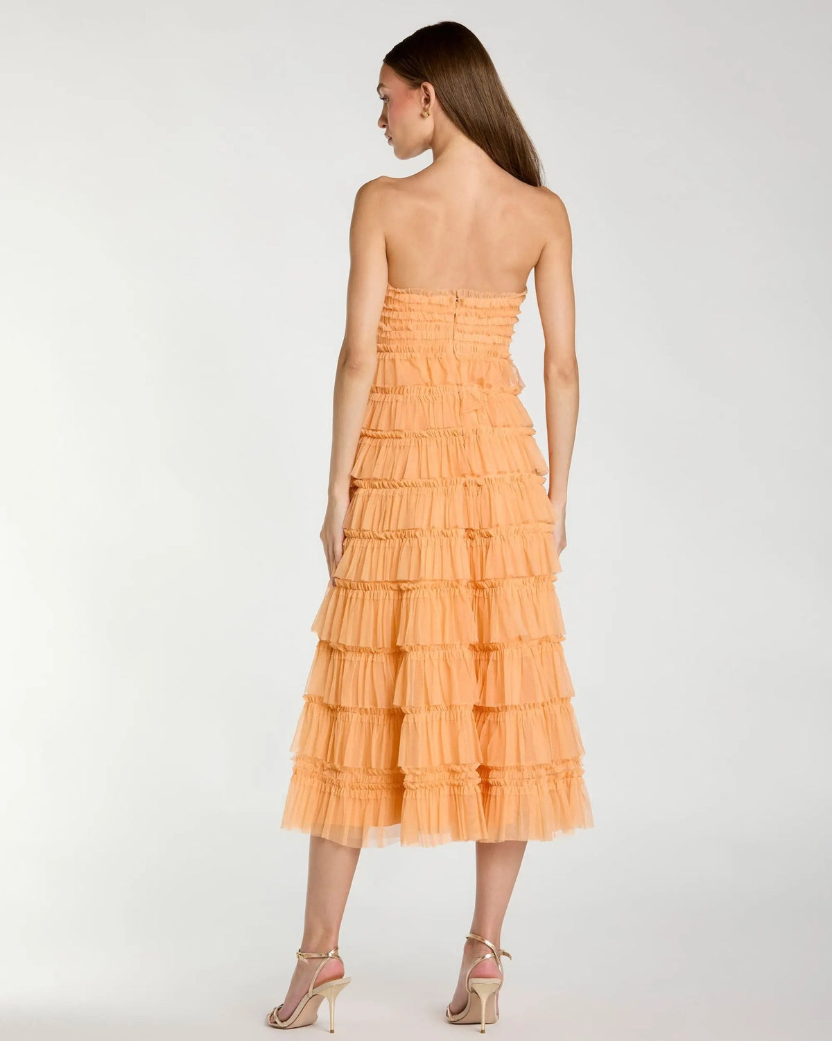 Mac Duggal Orange Micro Ruffle Strapless Midi Dress