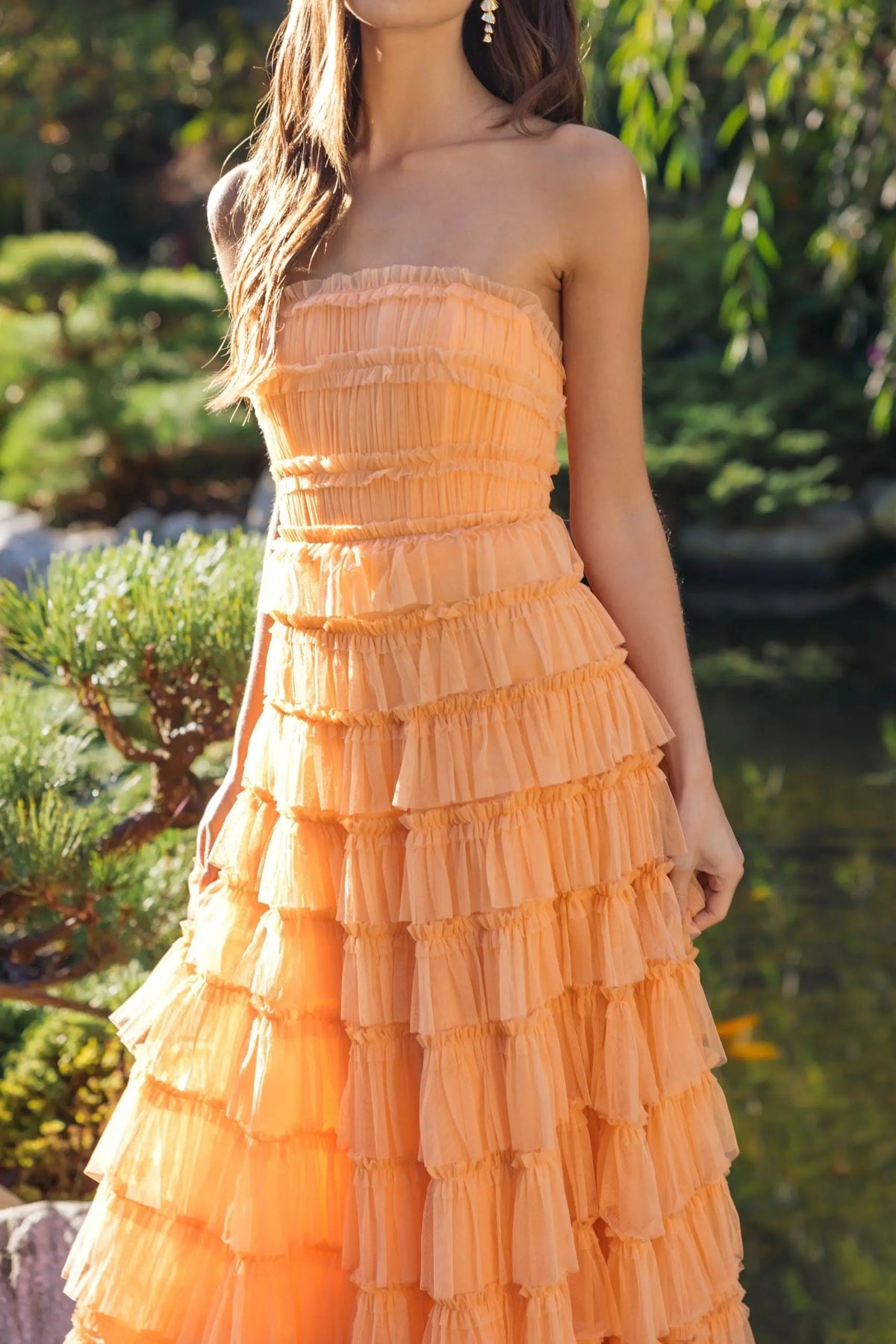 Mac Duggal Orange Micro Ruffle Strapless Midi Dress