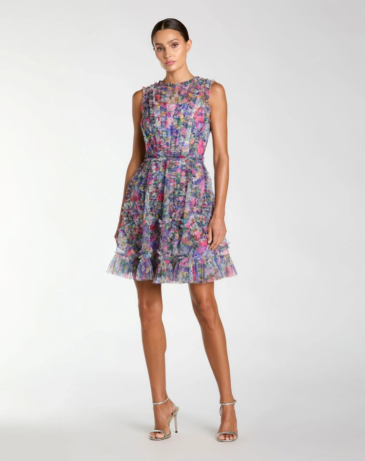 Mac Duggal Purple Multicolor Micro Ruffle Floral A-Line Mini Dress