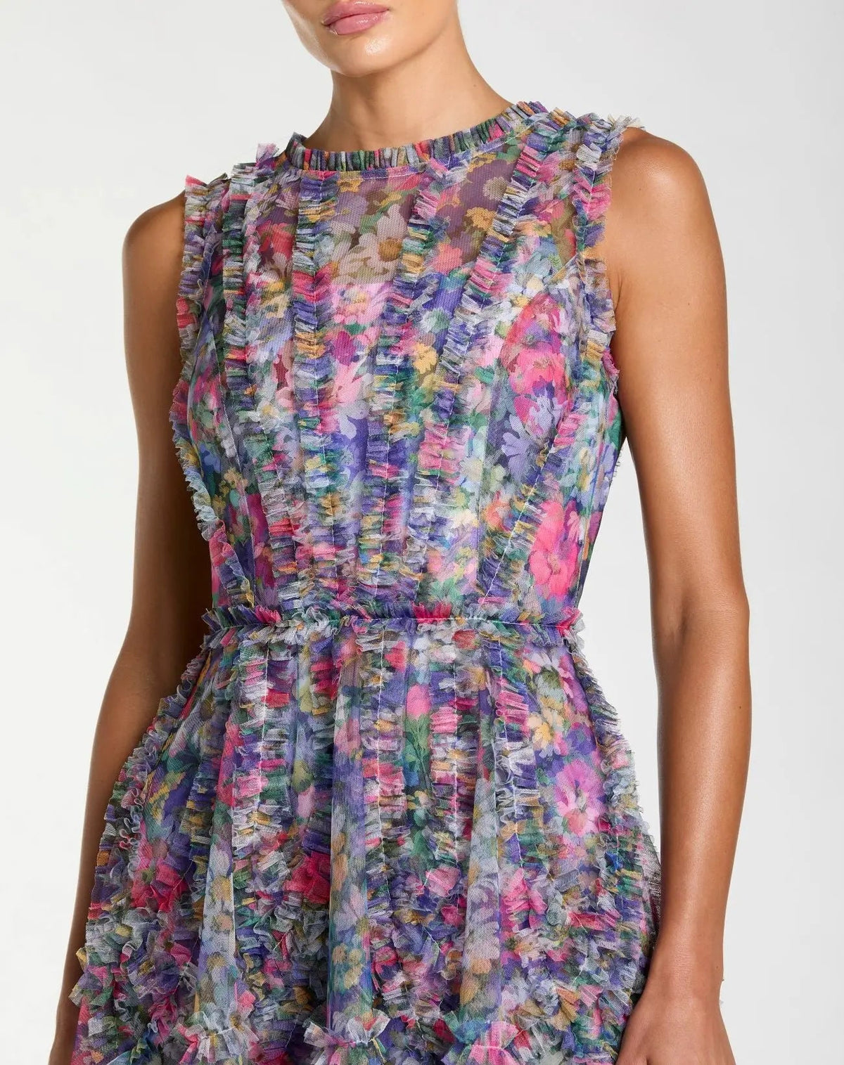 Mac Duggal Purple Multicolor Micro Ruffle Floral A-Line Mini Dress