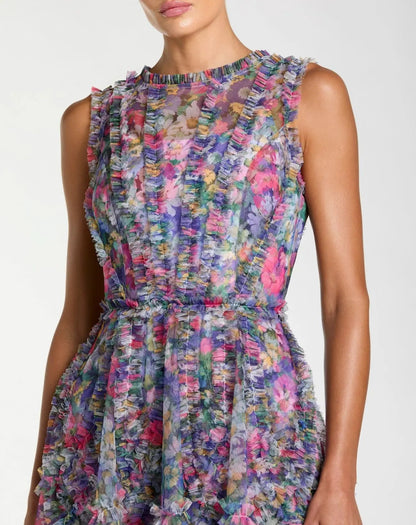 Mac Duggal Purple Multicolor Micro Ruffle Floral A-Line Mini Dress