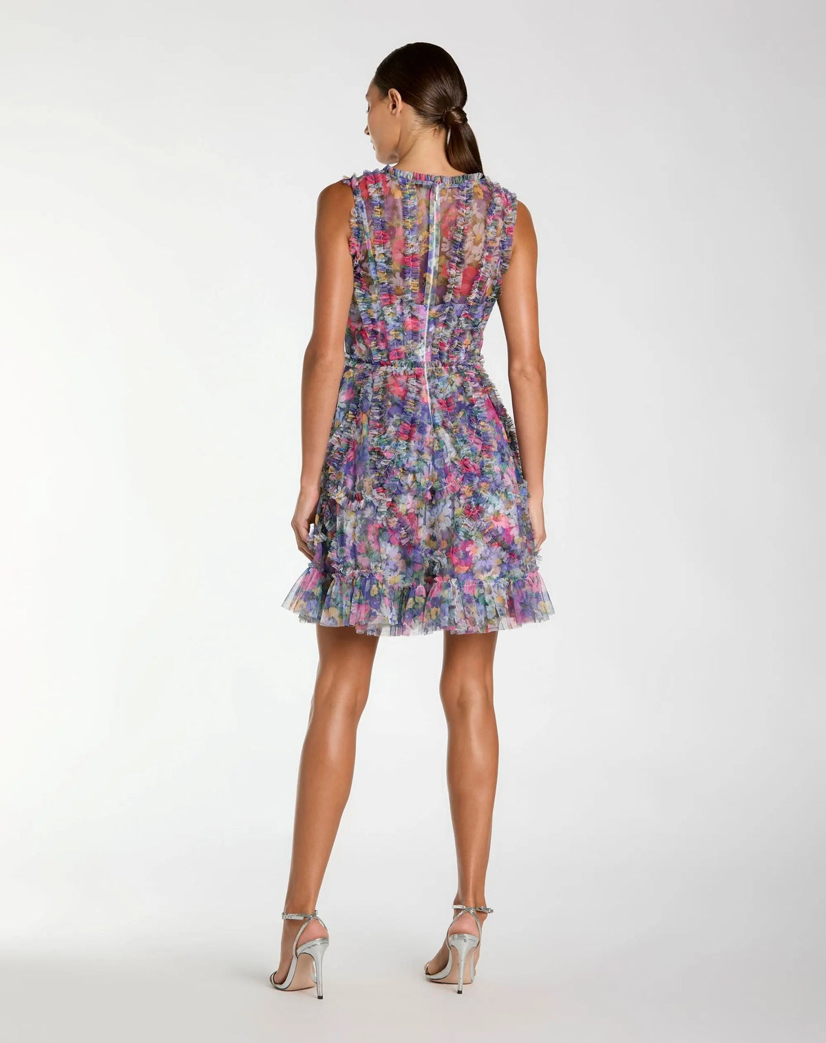 Mac Duggal Purple Multicolor Micro Ruffle Floral A-Line Mini Dress